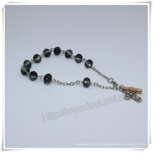 Black Glass Beads Catholic Rosary Bracelet on Chain (IO-CB182)